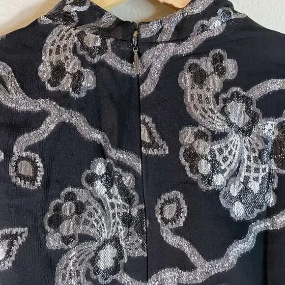 NWT Rebecca Taylor Women's Flutter Sleeve Silk Blend Metallic Top Black Size 0
